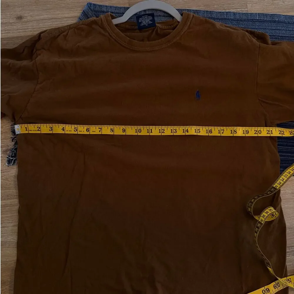 Polo Ralph Lauren Med Brown TShirt Blue Pony Logo Vintage Distressed 21.5” PTP